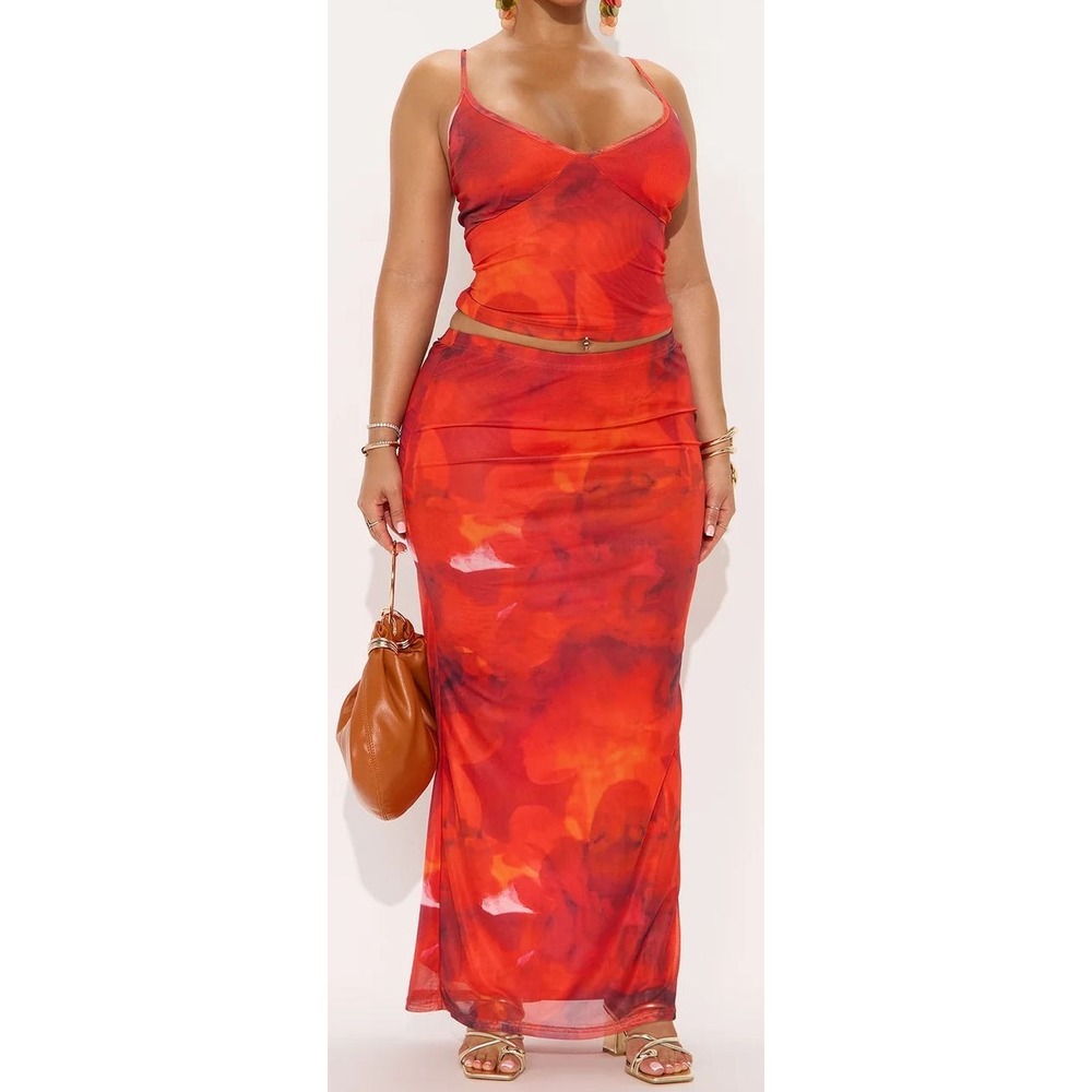 Fashion Nova Women's Coastal Mesh Cami Top & Maxi Skirt Set - Red Combo - 1X